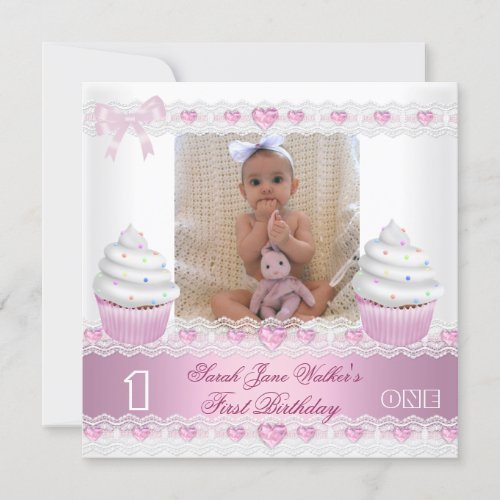 First Birthday 1st Girl White Pink Cupcake Baby 3 Invitation