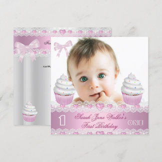 First Birthday 1st Girl White Pink Cupcake Baby 3 Invitation