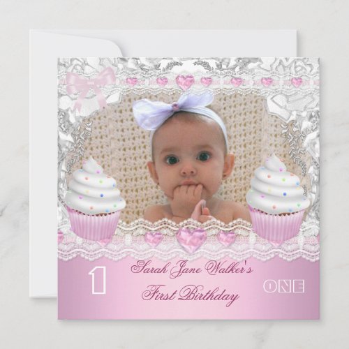 First Birthday 1st Girl White Pink Cupcakes Baby 4 Invitation