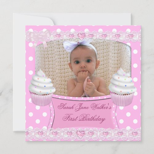 First Birthday 1st Girl White Pink Cupcakes Baby 6 Invitation