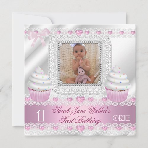 First Birthday 1st Girl White Pink Hearts Baby Custom Invite