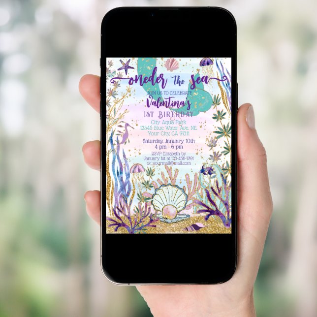 First Birthday 1st ONEder the Sea Mermaid Glitter Invitation (Front Digital)