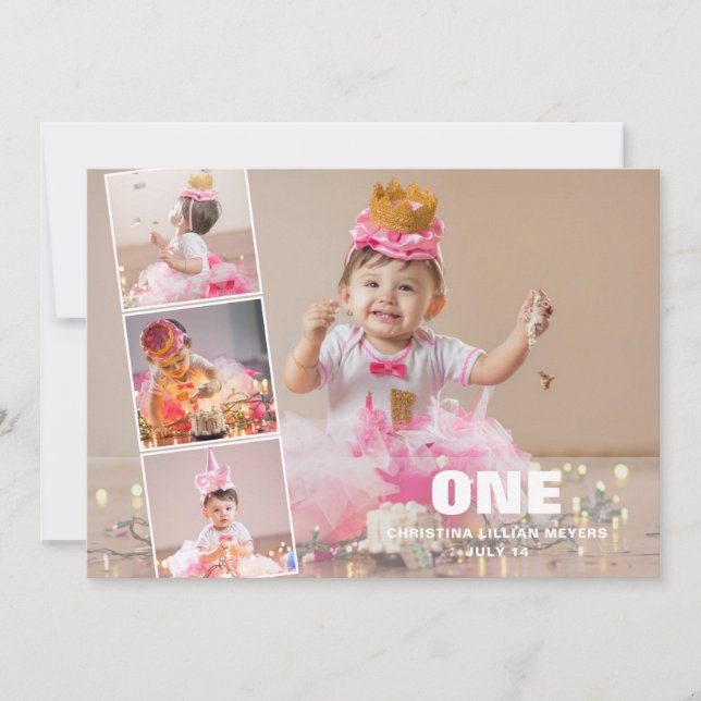 First Birthday 4 Photo Collage Birth Announcement (Front)