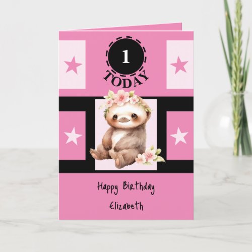 First Birthday add name cute sloth 1 today pink Card