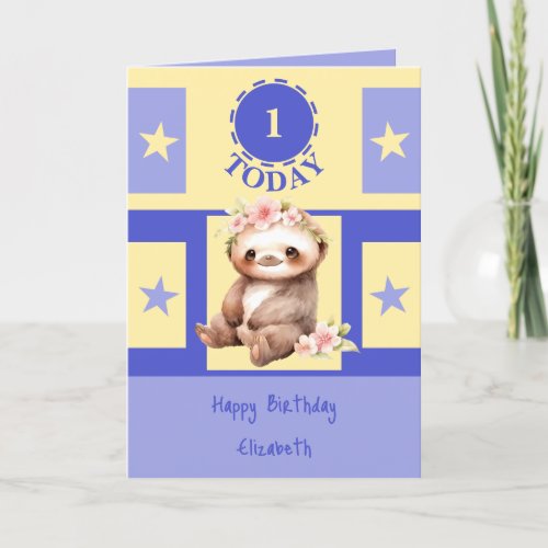 First Birthday add name cute sloth 1 today yellow Card