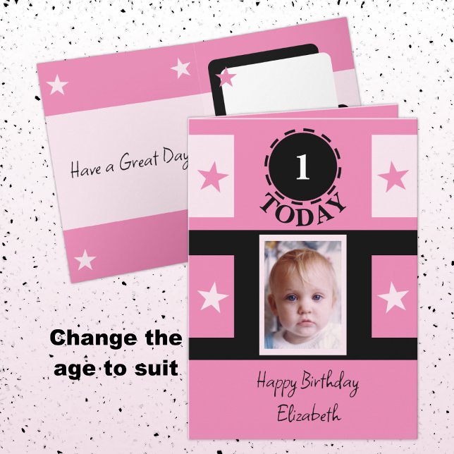 First Birthday add name photo 1 today pink Card (Creator Uploaded)