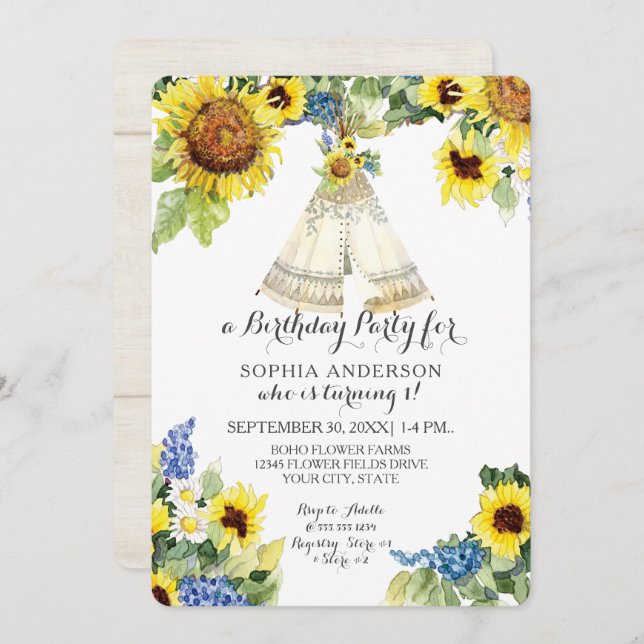 First Birthday Adventure BOHO Teepee Sunflowers Invitation (Front/Back)