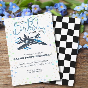 First Birthday Airplane Jet Fighter Boy Blue Black Invitation