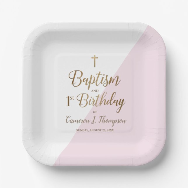 First birthday and baptism Pink Gold Cross Custom  Paper Plates (Front)