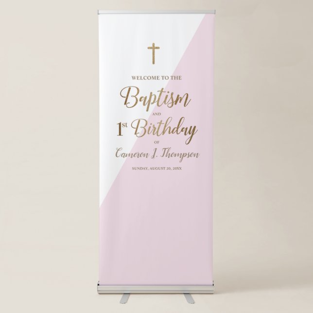 First birthday and Baptism Pink Gold Cross Welcome Retractable Banner (Front)