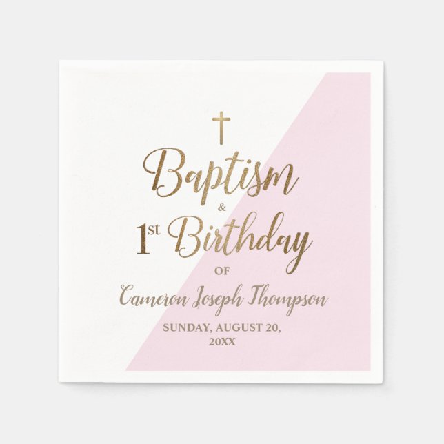 First Birthday and baptism Pink White Gold Cross Napkins (Front)