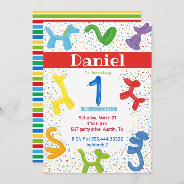 First birthday animals balloons invitation (Front/Back)