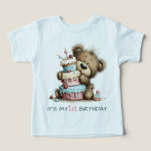 First Birthday Baby Boy Teddy Bear Birthday Cake Toddler T-shirt