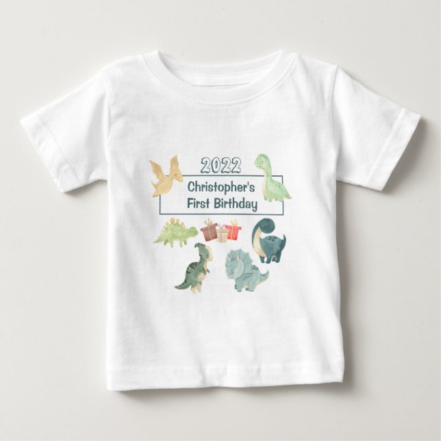First Birthday Baby Cute Dinosaur Watercolor T-Shirt (Front)