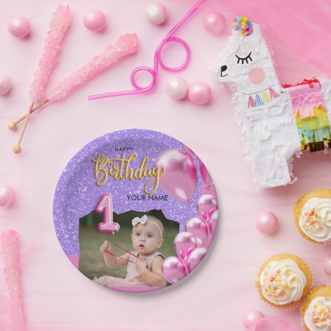 First Birthday Baby Girl Photo Design Paper Plates (Party)