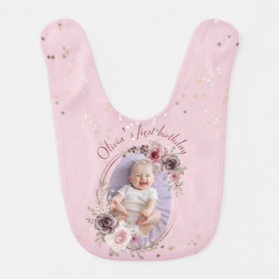 First Birthday Baby girl photo Pink floral frame Bib