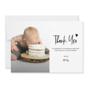 First Birthday Baby Photo Modern heart Script Thank You Card