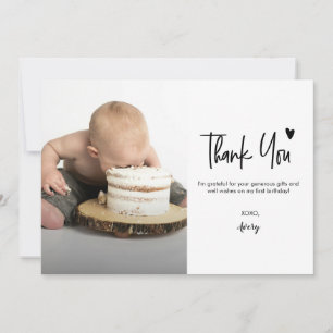 First Birthday Baby Photo Modern heart Script Thank You Card