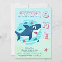 First birthday baby shark under the sea blue invitation