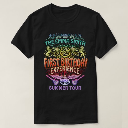 First Birthday Band Retro 70s Concert Logo Neon T_Shirt