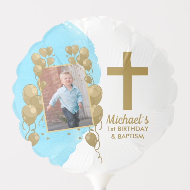 First Birthday Baptism Gold Balloons Photo (Front)
