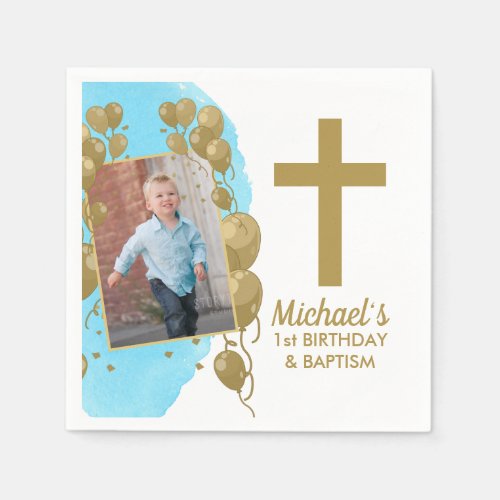 First Birthday Baptism Gold Balloons Photo Napkins