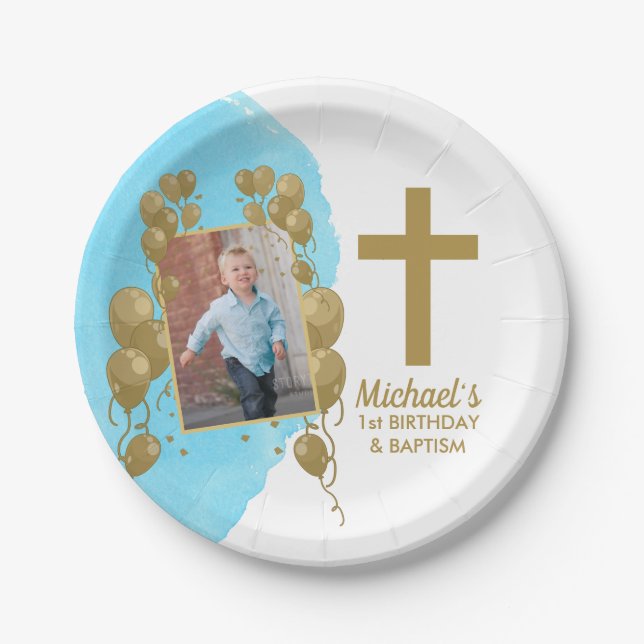 First Birthday Baptism Gold Balloons Photo Paper Plates (Front)