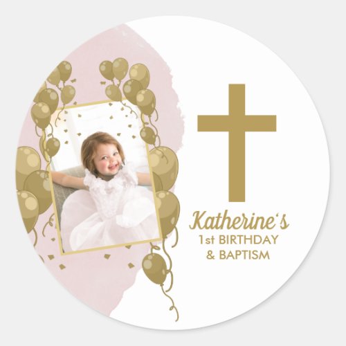 First Birthday Baptism Pink Gold Balloons Photo Classic Round Sticker