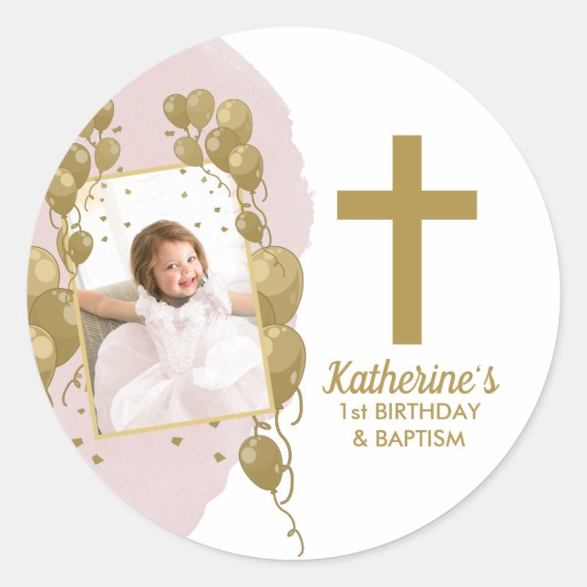 First Birthday Baptism Pink Gold Balloons Photo Classic Round Sticker (Front)