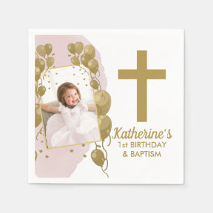 First Birthday Baptism Pink Gold Balloons Photo Napkins