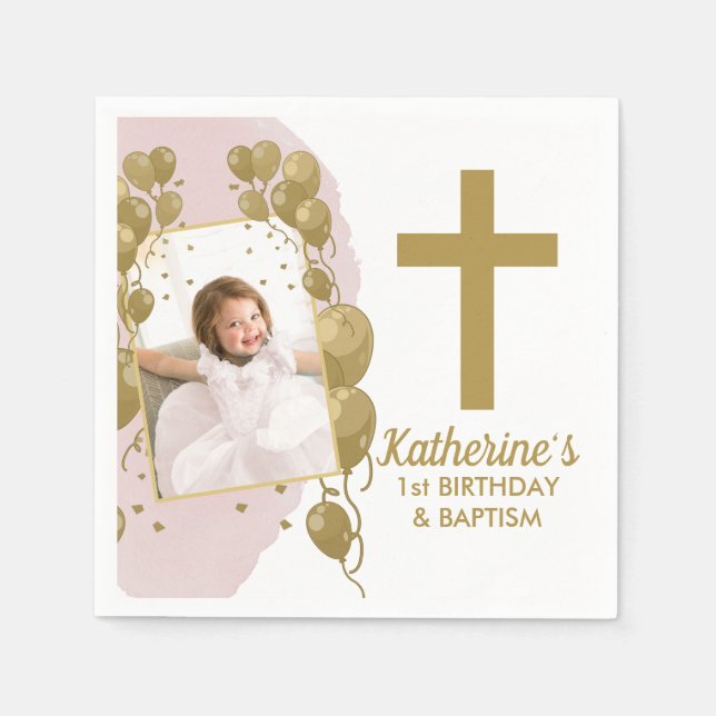 First Birthday Baptism Pink Gold Balloons Photo Napkins (Front)