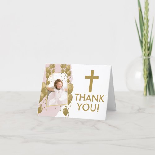First Birthday Baptism Pink Gold Balloons Photo Thank You Card