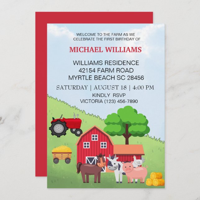First Birthday Barnyard Farm Animals Invitation (Front/Back)