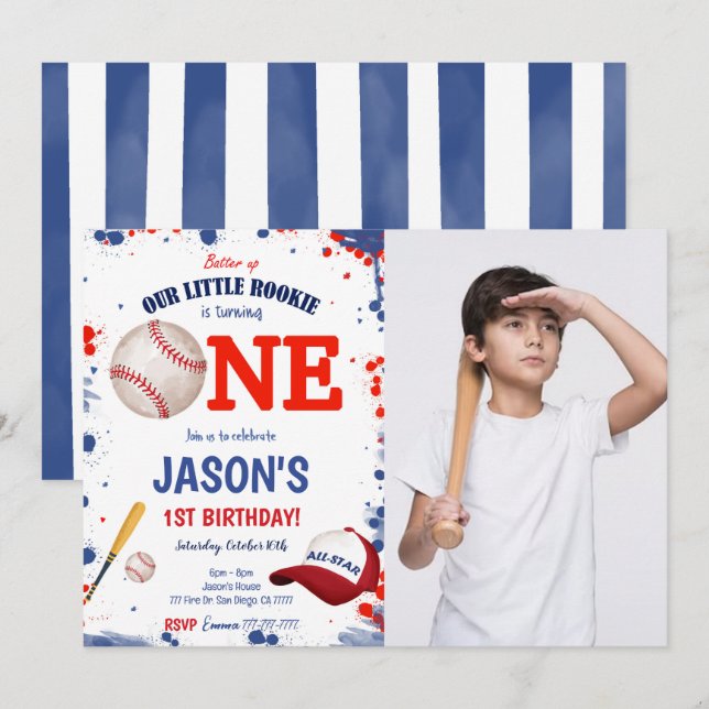 First Birthday Baseball Photo Invitation  (Front/Back)