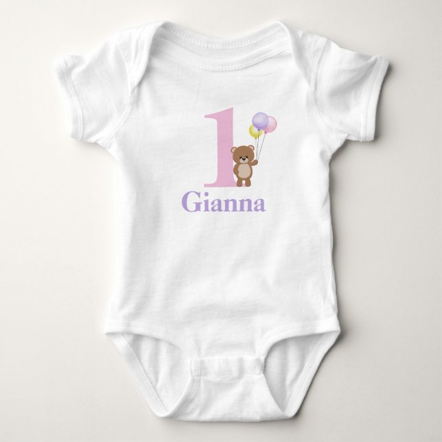 First Birthday Bear & Balloons Baby Bodysuit (Front)