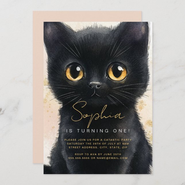 First Birthday Black Cat Invitation  (Front/Back)