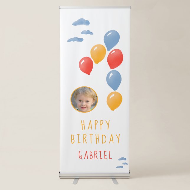 First Birthday Blue Balloon Kid`s Birthday Photo  Retractable Banner (Front)