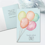First Birthday Blue Balloons Boy Greeting Card<br><div class="desc">Birthday greeting card features watercolor balloons on a pink background and a humorous unexpected message on the inside - you can change it. Also available in PINK in our store.</div>