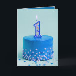 First Birthday Blue Cake and Candle Card<br><div class="desc">A beautiful birthday greeting card features a blue cake with a number 1 candle and sprinkles on the front and your custom greeting - or use ours - on the inside. You can change the saying,  the fonts,  the colors,  add names and a signature line,  too!</div>