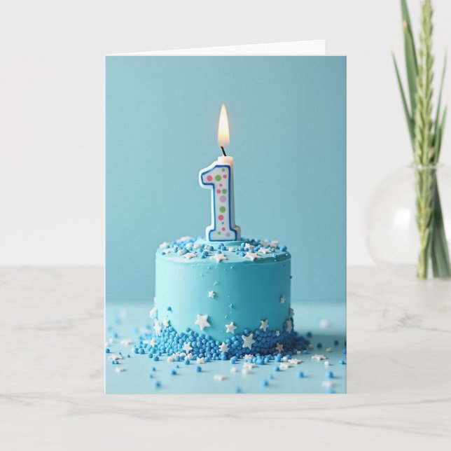 First Birthday Blue Cake Card (Front)
