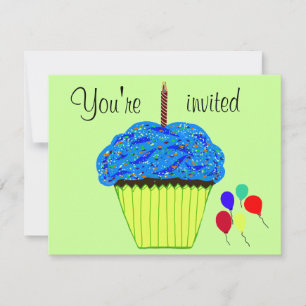 First Birthday Blue Cupcake Balloons Invitation