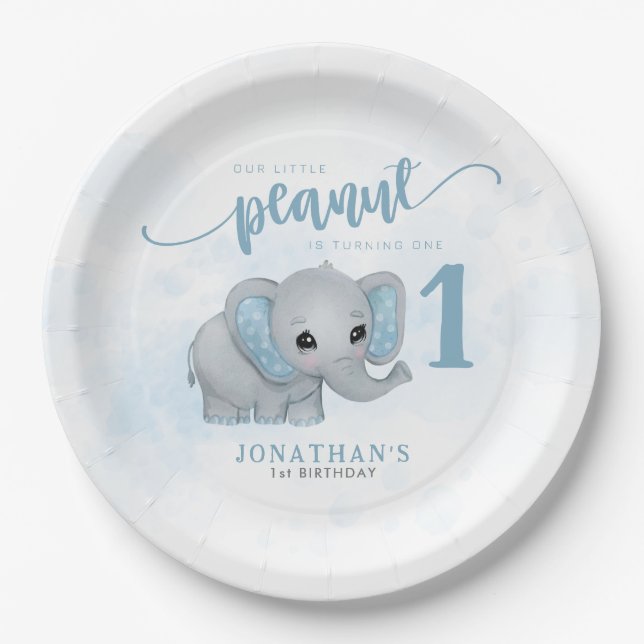 First Birthday Blue Elephant Boy 1st Birthday Paper Plates (Front)