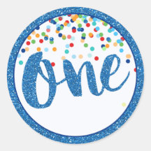 First Birthday Blue Glitter Round Sticker