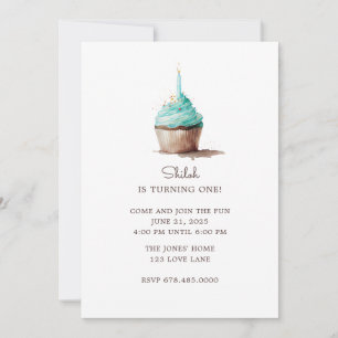 First Birthday Blue Green Cupcake Invitation