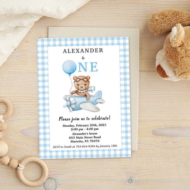 First Birthday Blue Teddy Bear on plane Postcard (Creator Uploaded)