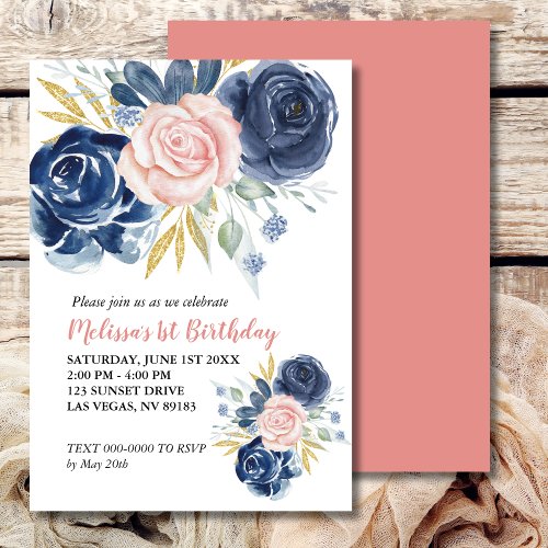 First Birthday Blush Pink Navy Blue Floral Photo Invitation