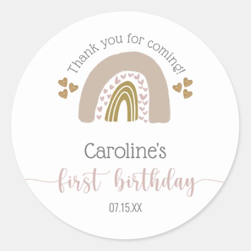 First Birthday Boho Rainbow Pink Gold Thank You Classic Round Sticker