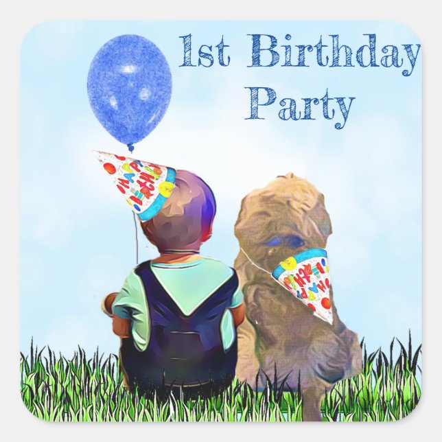 First Birthday Boy and Dog Square Sticker (Front)