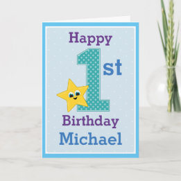 First Birthday Boy, Blue with Yellow Star Card