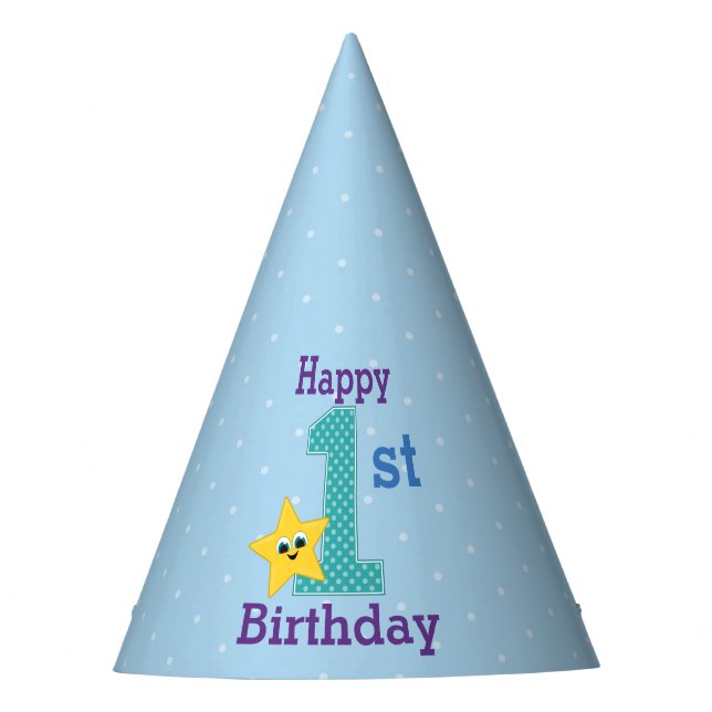 First Birthday Boy, Blue, Yellow Star Party Hat (Front)